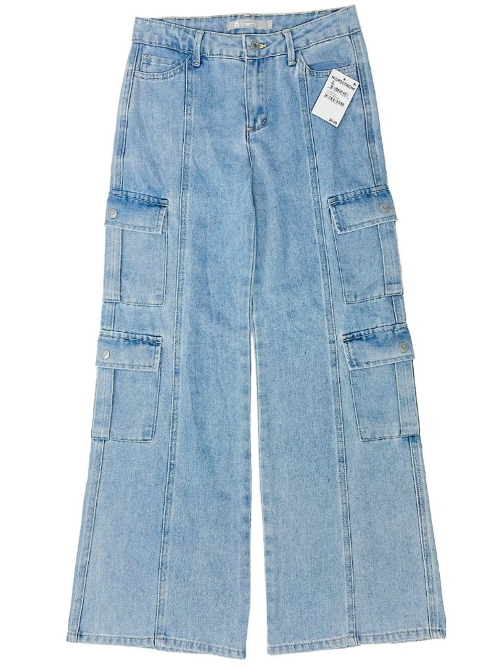 Girls Wide Leg Cargo Jeans Light Indigo Stretch Size 12 Tractr NWT